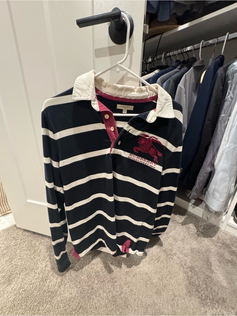 Burberry Striped Rugby Polo in Navy, White & Maroon